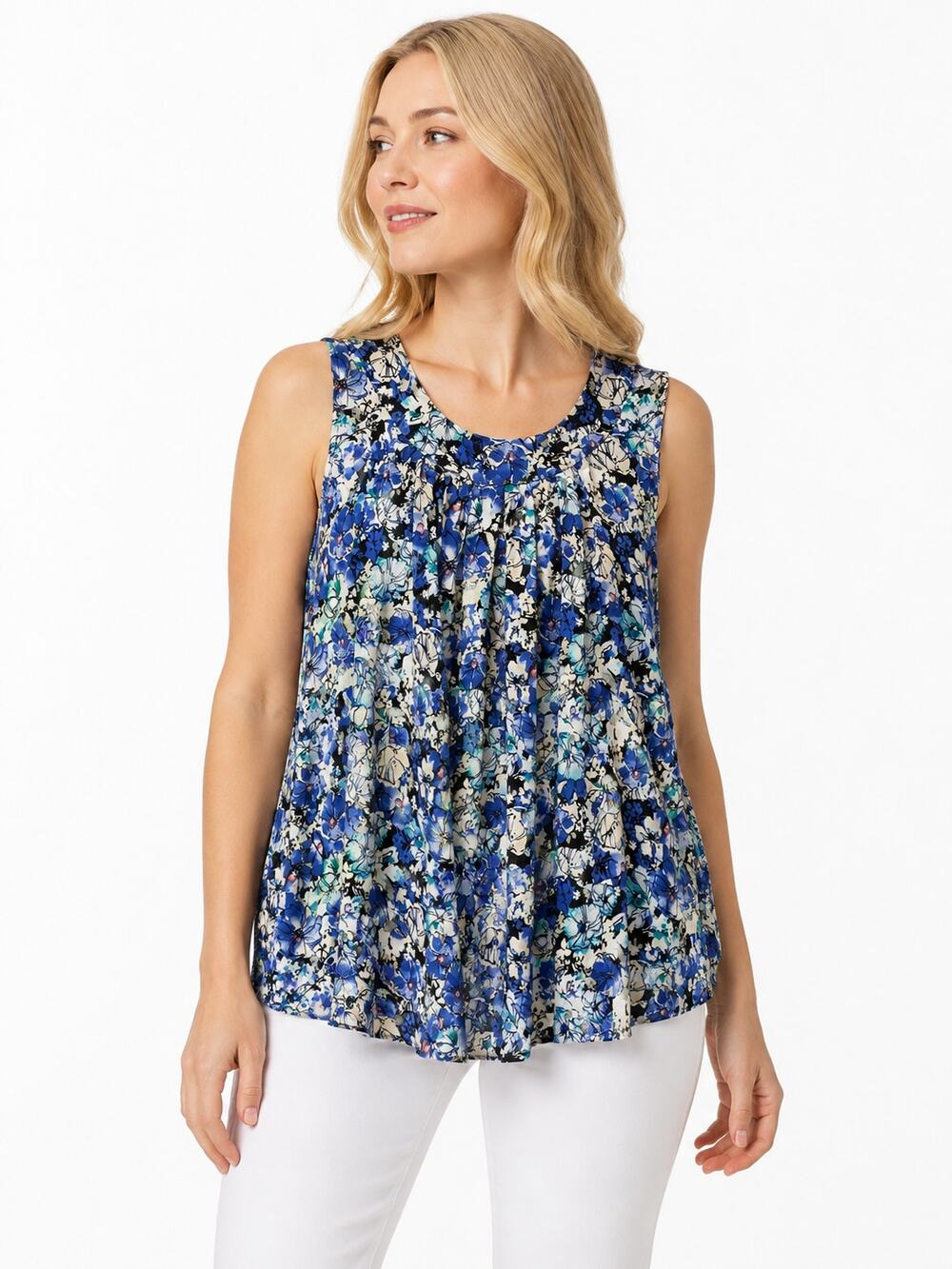 LR4412 Croft & Barrow Floral Sleeveless Top M Blue Pleated Stretch Rayon Tank